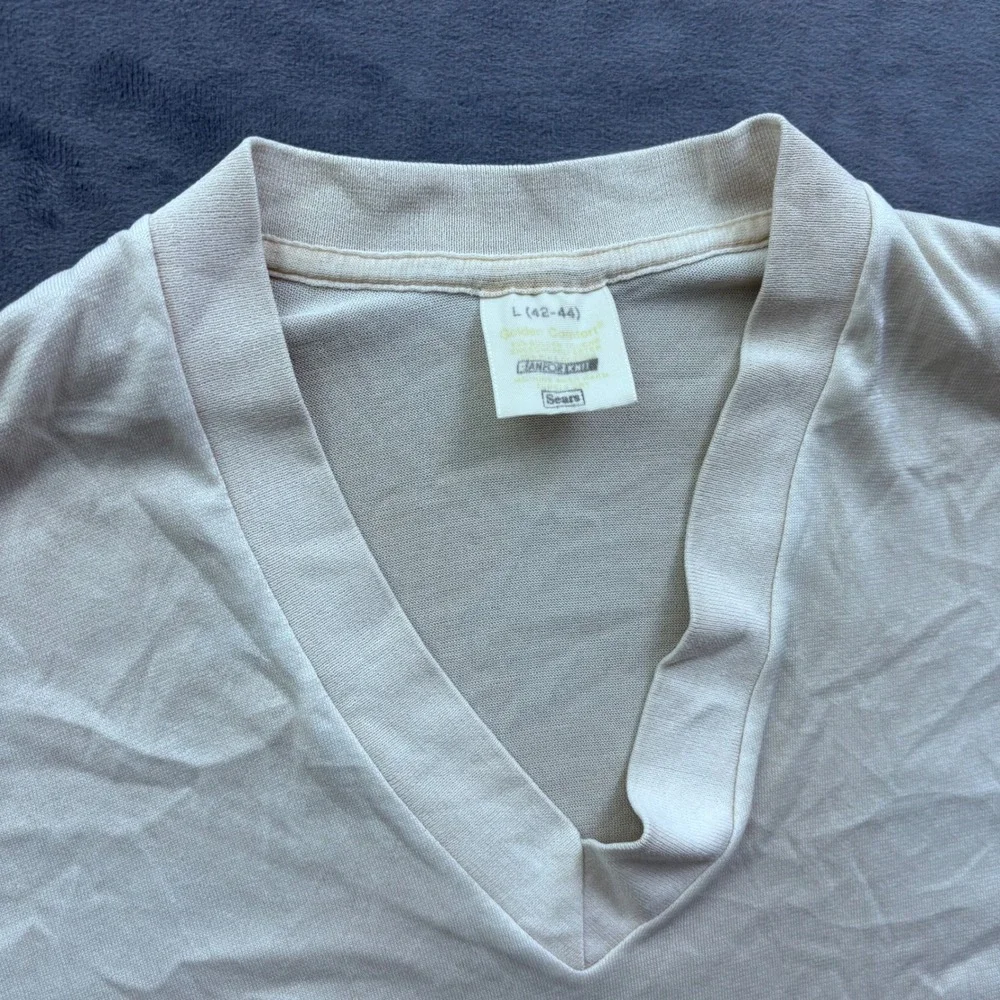 Vintage Sears Golden Comfort V Neck T Shirt Mens Large White Sanfor-Knit